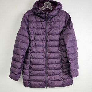 Eddie Bauer EB650 Down Puffer Coat  Plum Hooded  Packable See Description